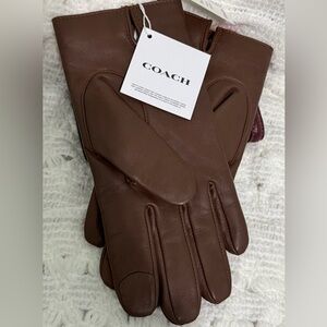 Coach Leather Tech Gloves in a dark saddle or mahogany
